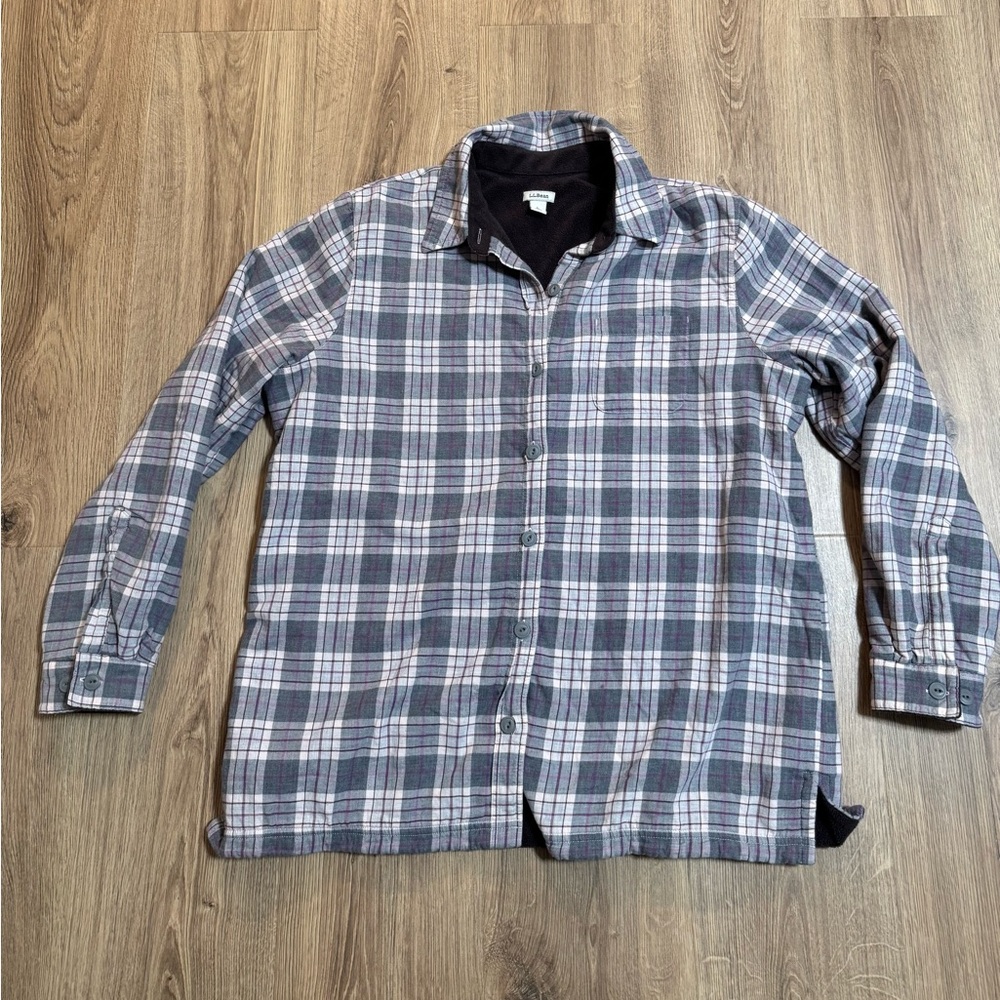 LL Bean Fleece Lined Flannel Plaid Shirt Jacket L Gorpcore Camping Hiking
